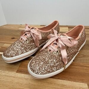 Keds x Kate Spade Rose Gold Glitter Champion Sneakers Satin Ribbon Laces WF52991